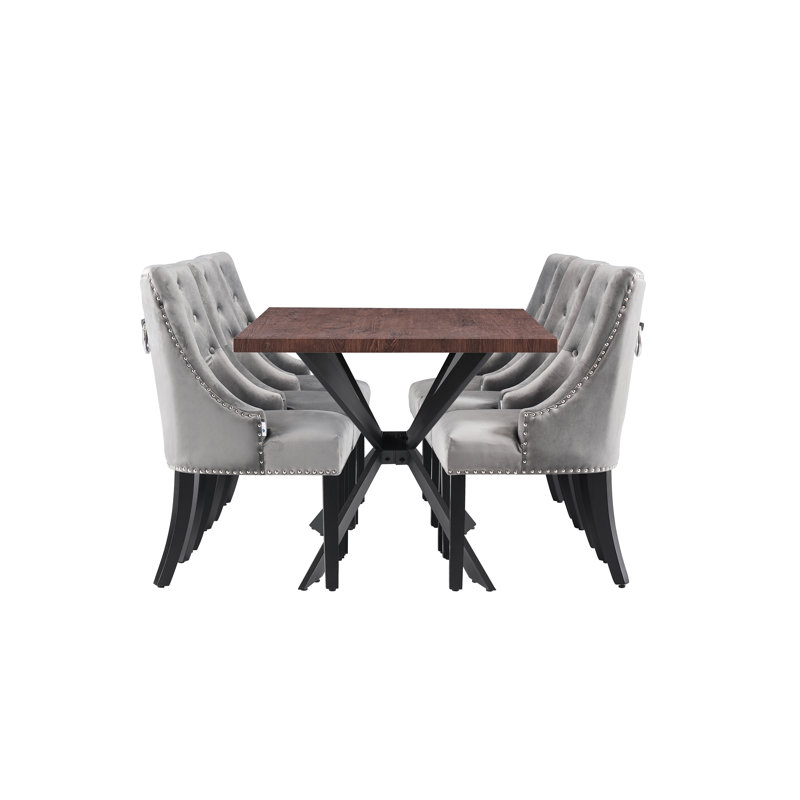 Trista 6 Person Dining set - a Rectangular Wooden Dining Table with Metal Legs and a Set of 6 Quilted Ring Knocker Velvet Dining Chairs for Dining Room - Modern Dining Table Set