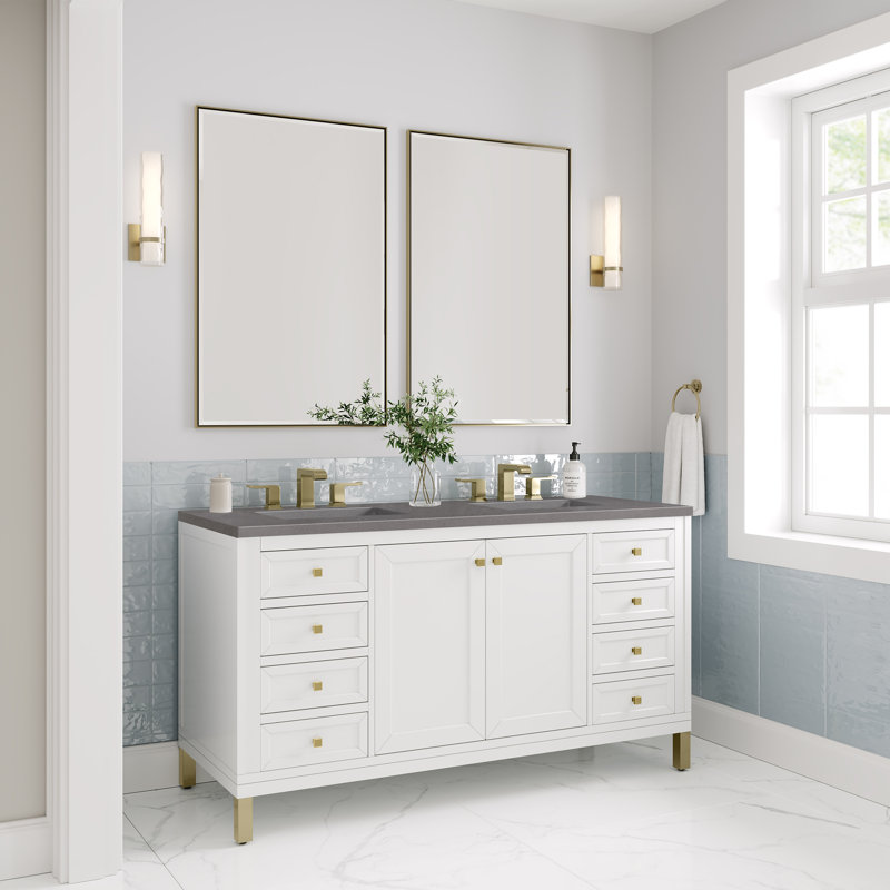 Chicago 60'' W Double Vanity, 8" Widespread, Eternal Jasmine Pearl, Glossy White