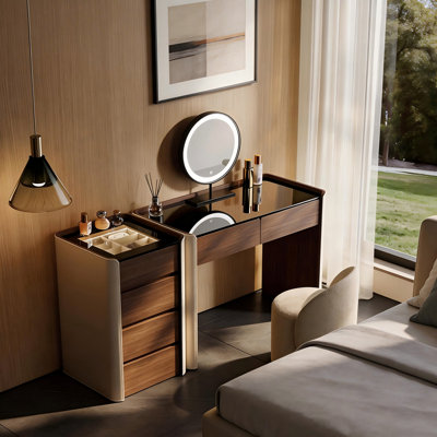 Coiffeuse à maquillage moderne avec surface en verre trempé et armoire à tiroirs