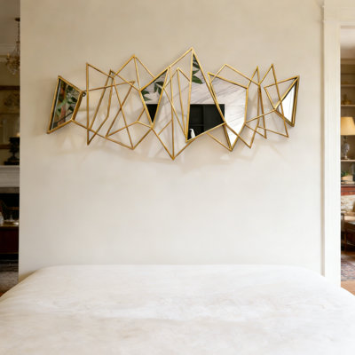 Miroir mural en métal doré à motif géométrique 3D - art mural moderne pour le salon et la chambre à coucher