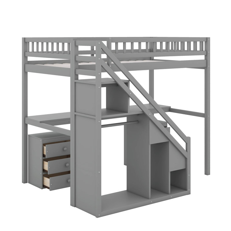 Lit mezzanine simple avec tiroirs, bureau et bande lumineuse, Gris