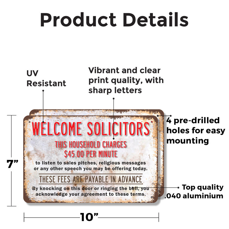 «Welcome Solicitors Home Charges» 45 $ par minute (paquet de 2) enseigne en aluminium de 7 po x 10 po