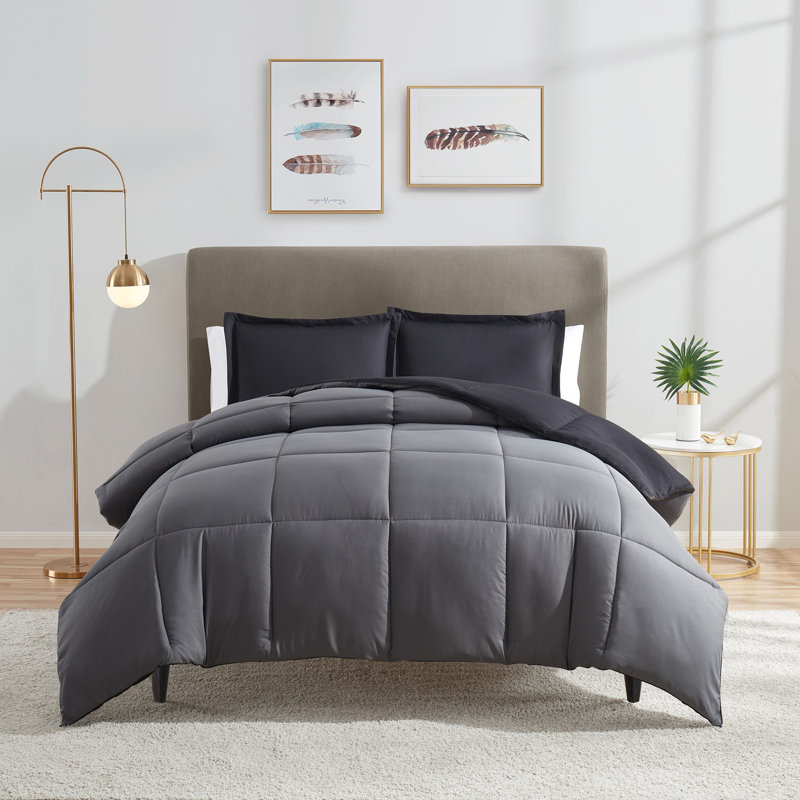 All Season Down Alternative Reversible Comforter Set, Black/Gray, King Comforter + 2 King Shams