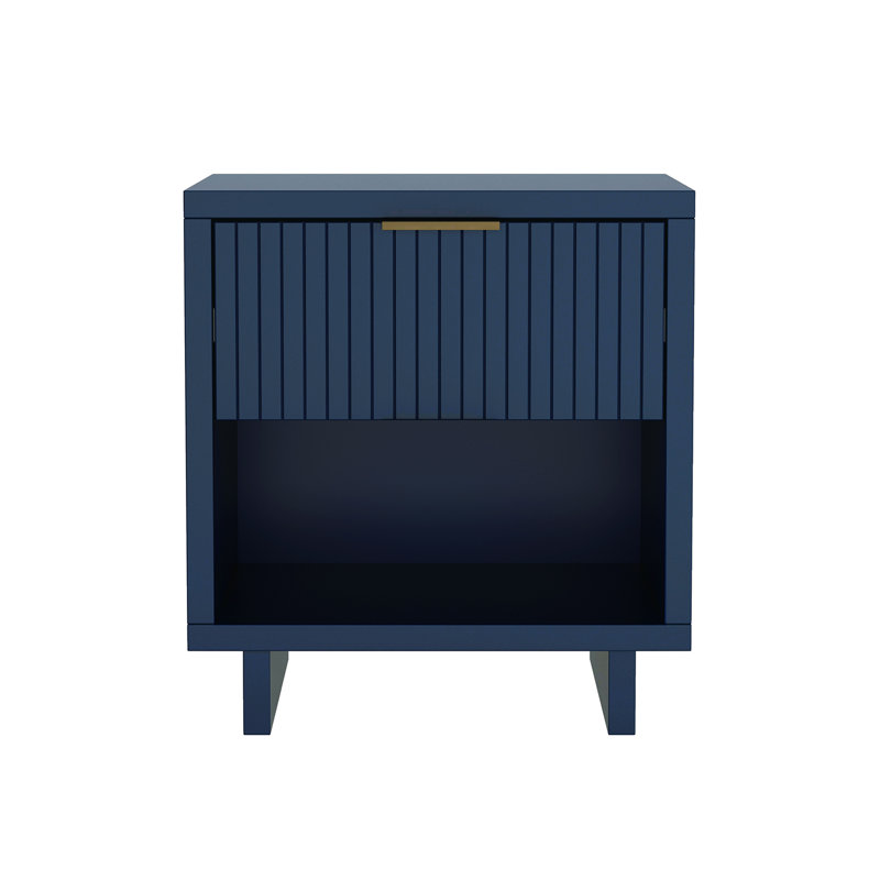 Table de chevet contemporaine 1 tiroir en bois massif bleu nuit 18 po Elara, Bleu minuit