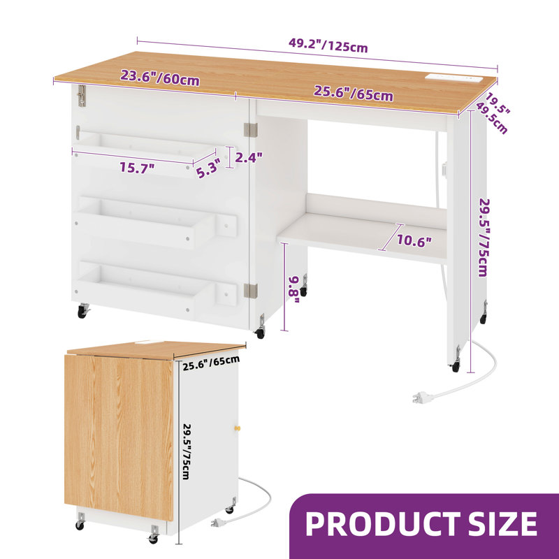 Armoire pliante polyvalente polyvalente pour table de couture avec station de charge, roulettes verrouillables et tablettes de rangement, portes magnétiques
