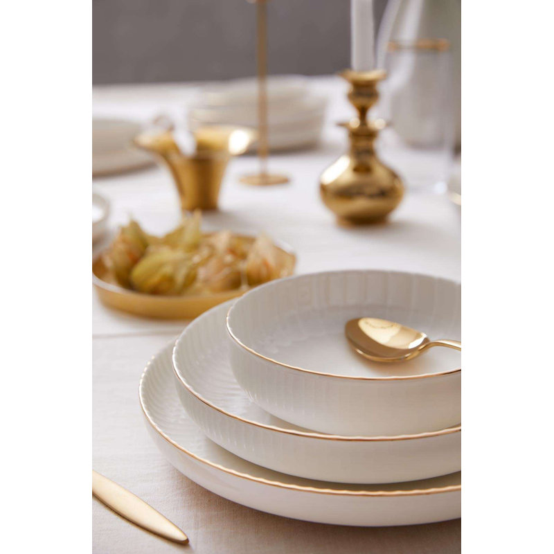 Elegant 18-Piece Dinner Set, Gold Porcelain | Includes 6 Service Plates (9.4 in), 6 Deep Plates (9.1 in), 6 Bowls (5.9 in) | Luxurious Design, Perfect for Formal Dining & Entertaining, Not Dishwasher or Microwave Safe