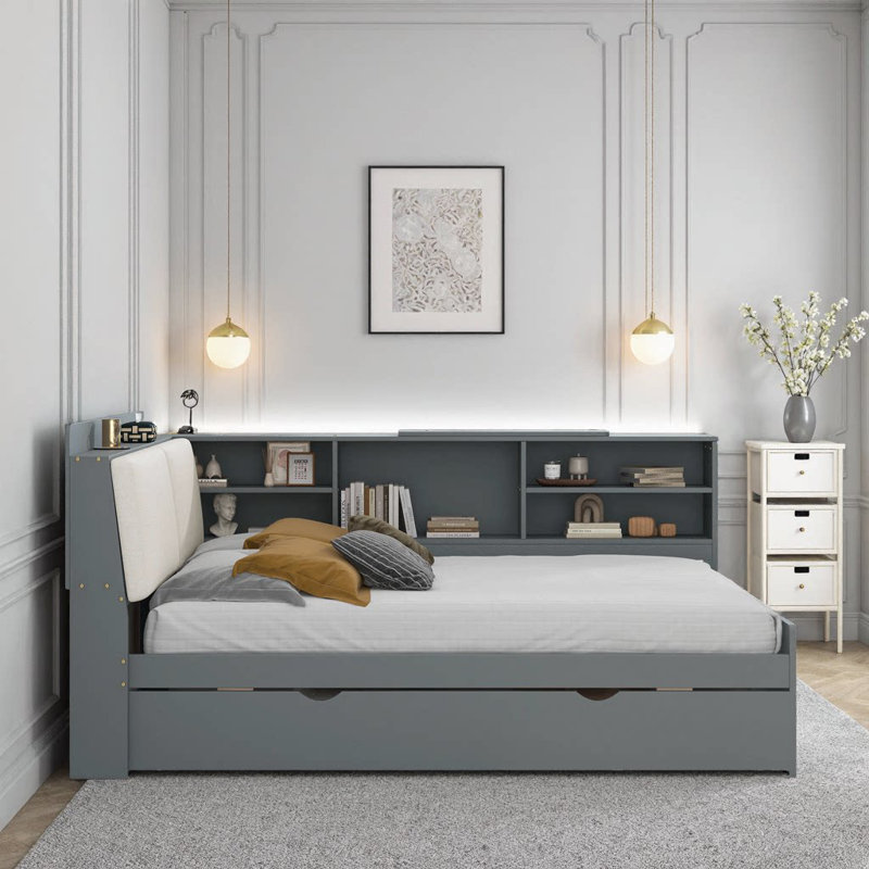 Lit plateforme blanc avec rangement gigogne, tête de lit et espace sous le lit Baxter, Gris
