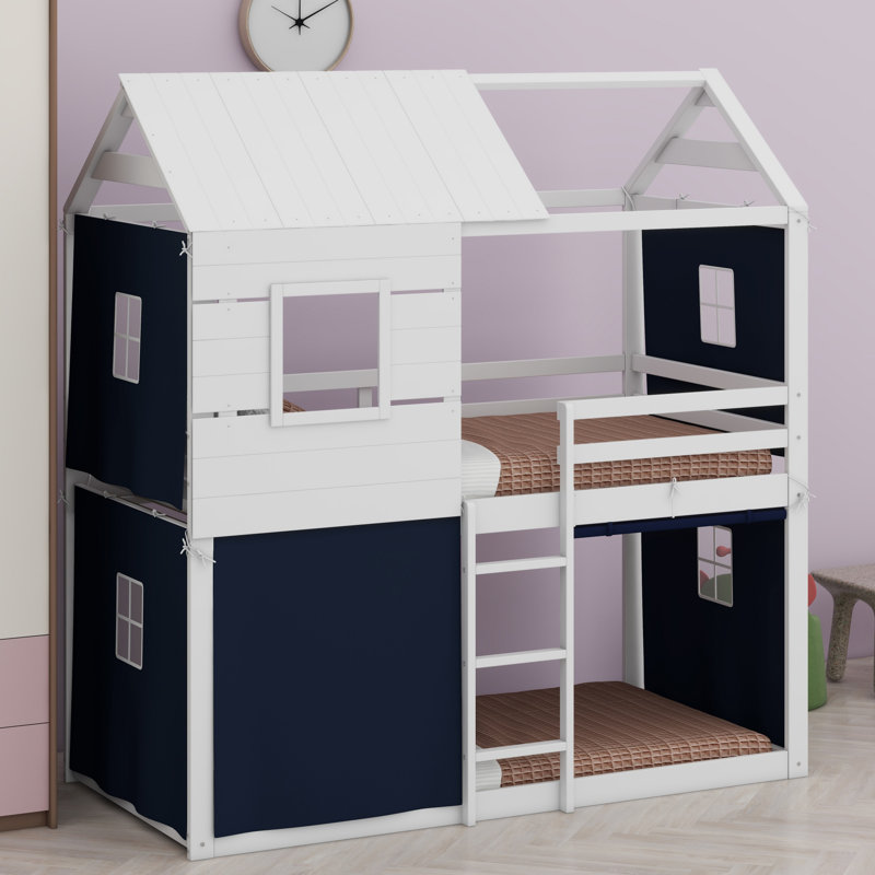 Bunk Wood House Bed With Elegant Windows, And Tent, Twin, Blue/White
