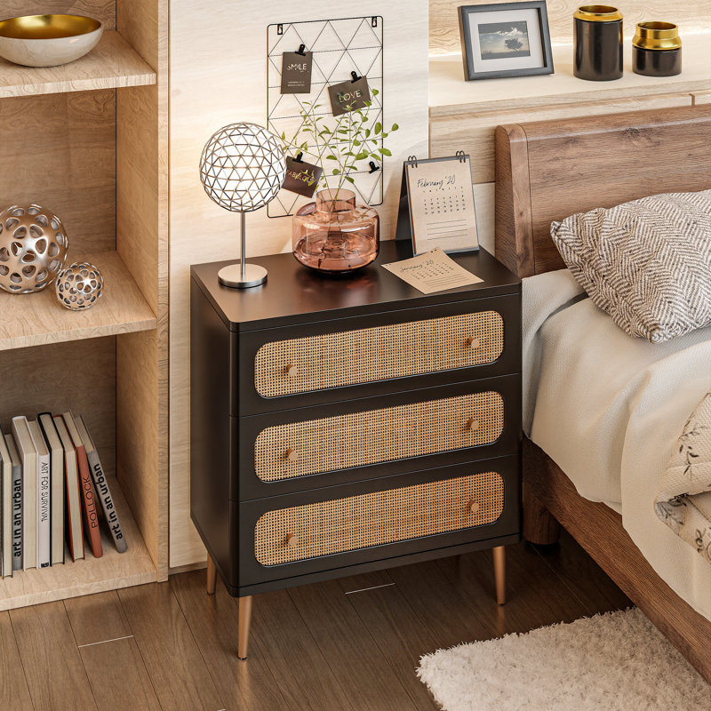 Okkra Modern Farmhouse 3-Drawer Woven Chest, Black/Gold