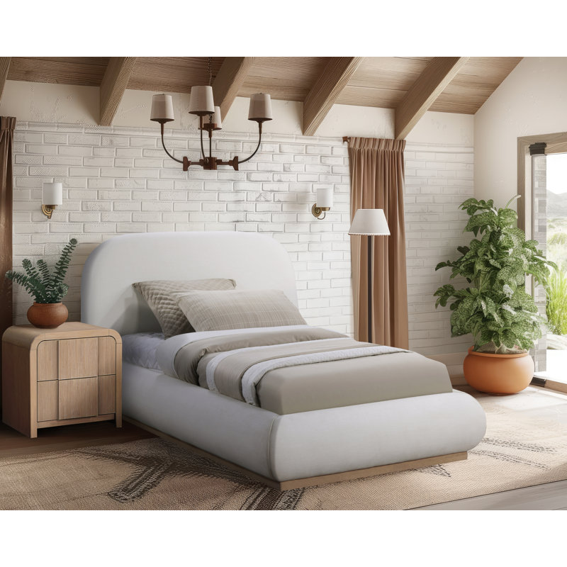 Hylia Upholstered Panel Bed, Twin, Cream Linen Textured Fabric / Stained Natural