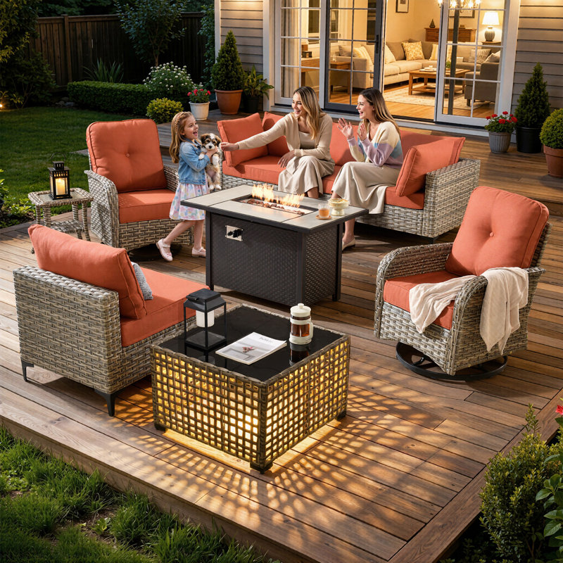 6 Seats High Quality Pe Rattan Outdoor Furniture Sofa With Rocking Chair And Stove, Can Be Freely Combined, Orange