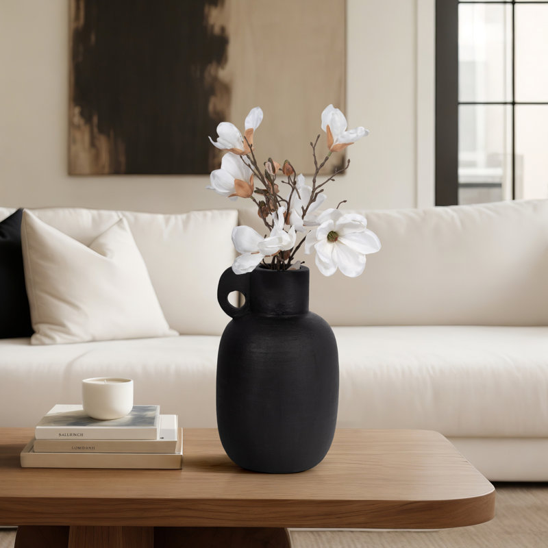 Keraun Modern Terracotta Pottery Vase with Handle - Minimalist Decorative Vessel in Sleek Sculptural Silhouette Made from Artisan Clay for Contemporary Home Decor and Stylish Shelf or Tabletop Display