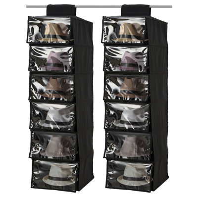 Ensemble de 2 organisateurs de chapeaux suspendus avec couvre-particules transparents - support vertical à 6 tablettes pour chapeaux de baseball, cowboy et Fedora - Rangement pour garde-robe peu encombrant avec filet respirant - Noir moderne