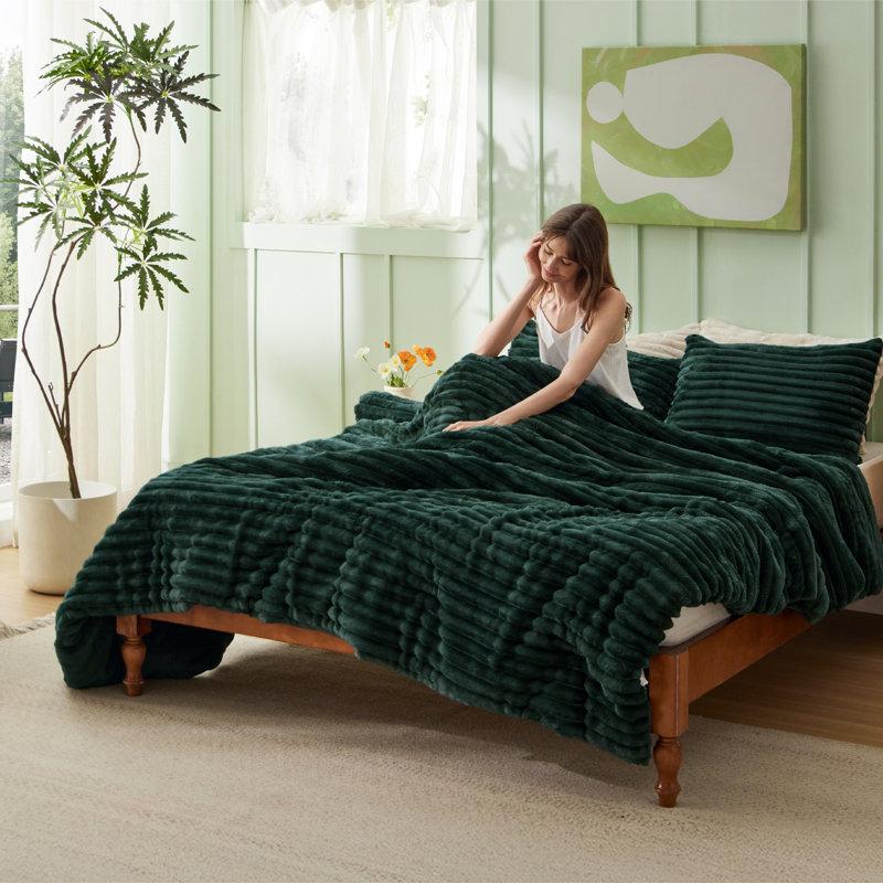Ensembles d'édredon pour très grand lit - 3 pièces de literie en molleton moelleux émeraude, esthétique rayée confortable pour les chambres modernes et d'invités, décoration intérieure de luxe toutes saisons