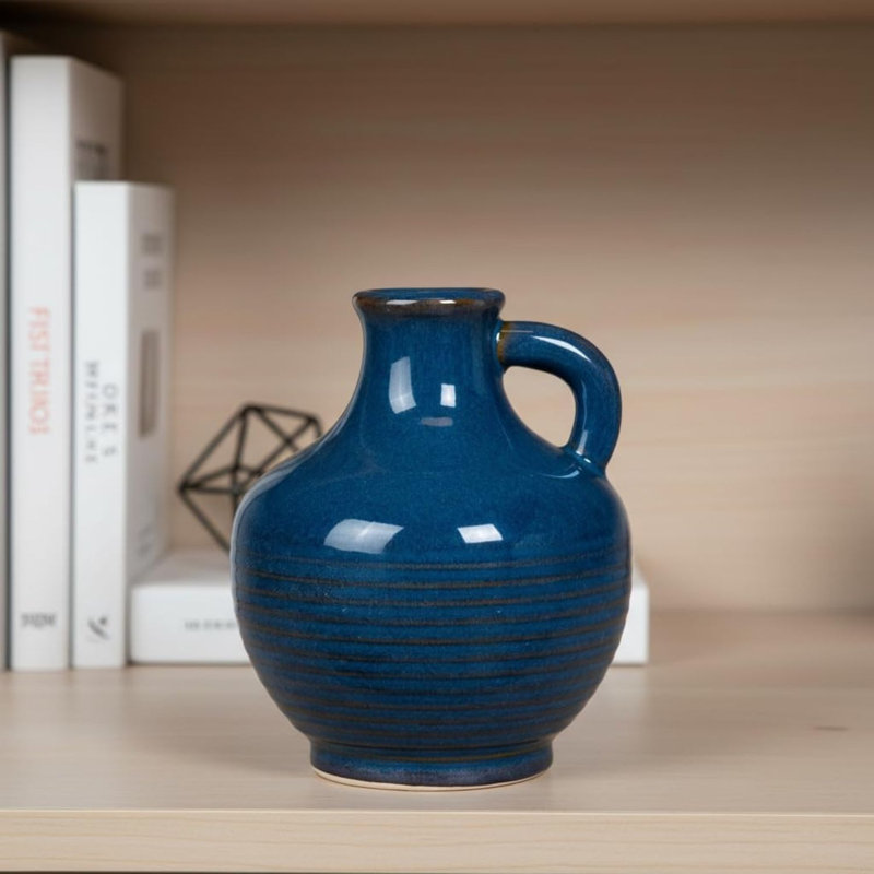 Blue Ceramic Vase with Handle, 6-Inch