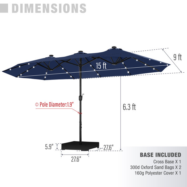 Paraguas de mercado iluminado rectangular Yuliana de 180'' x 108'' con base ponderada