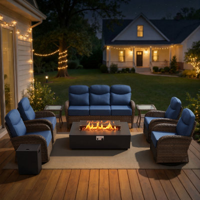 8- Piece Outdoor Porch Sofa Conversation Set With Split-Type Fire Pit Table & Swivel Chairs