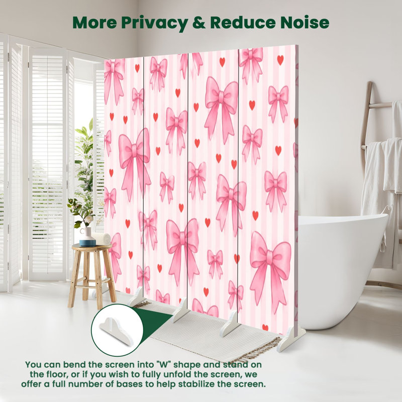 Cloison pliante à 4 panneaux avec paravent à rubans roses et roses, 4, 71" H x 64" W x 1" D