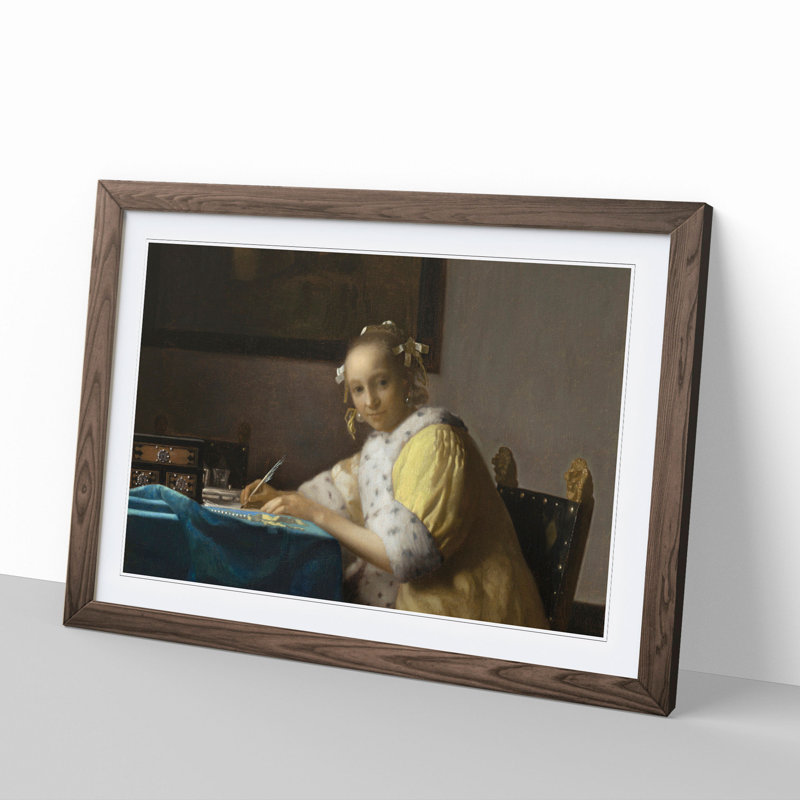 A Lady Writing a Letter by Johannes Vermeer - Picture Frame Painting, Walnut Framed, 48cm H x 65cm W x 2cm D