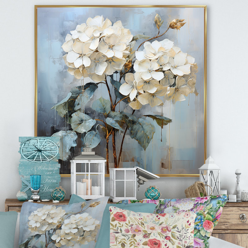 Blue Hydrangea Blooms In Gray Tone - Hydrangea Framed Art, 36" H x 36" W x 1.5" D, Gold Floater Framed