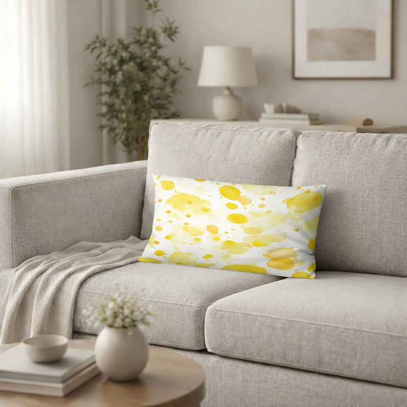Modern Throw Pillow - Abstract Yellow Dew Bubble Printed Cushion, 12"H x 20"W