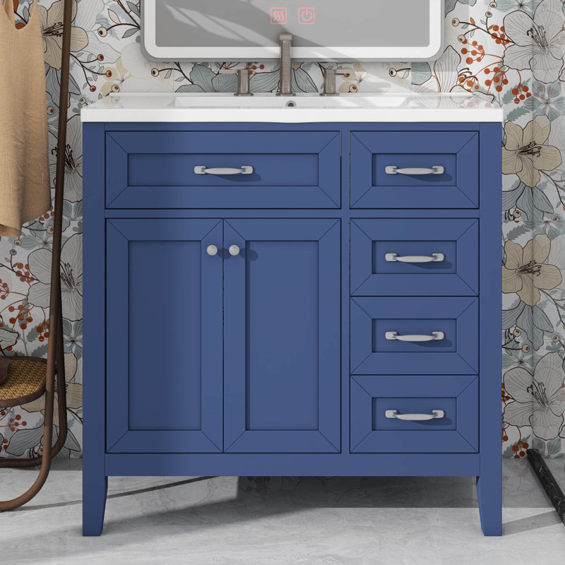 Meuble-lavabo de 36 po sans lavabo - Base d'armoire seulement équipée de tiroirs fonctionnels, Bleu