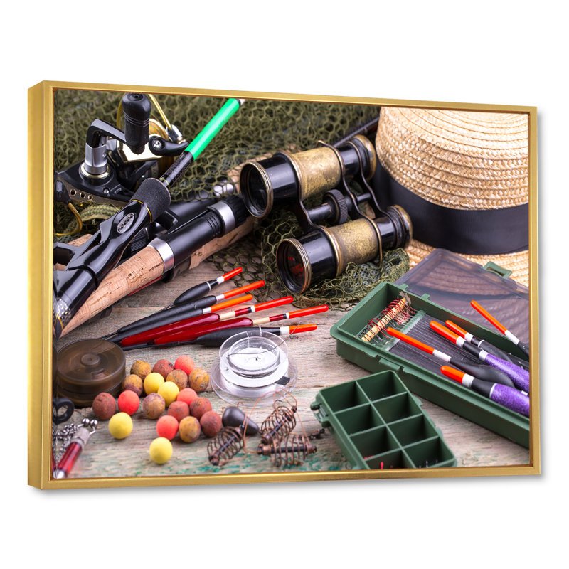 " Fishing Supplies Layout ", 16" H x 32" W x 1" D, Gold Floater Framed