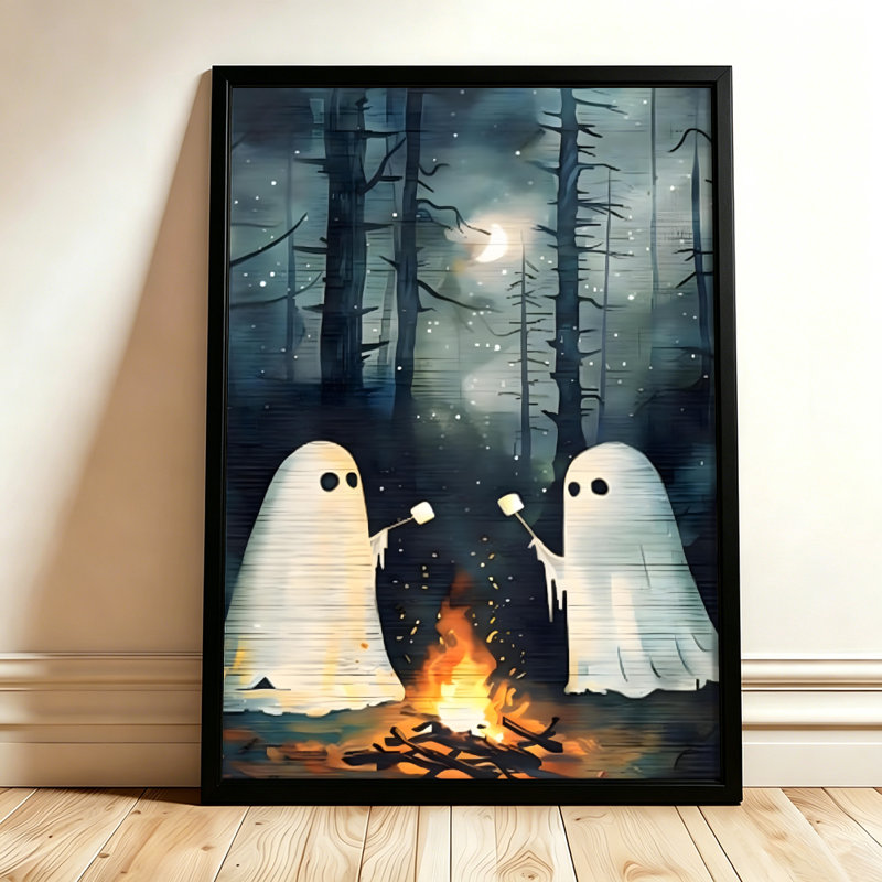 Halloween : Deux fantômes faisant griller des guimauves la nuit, tableau sur toile encadré, cadre marron, 61 x 91 cm, 24x36