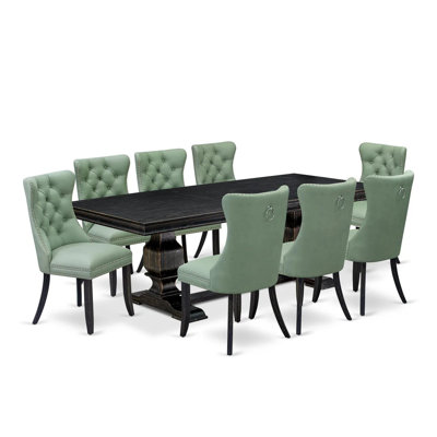 9 Pieces Dining Table Set Includes a Rectangle Table and 8 Willow Green Polyester fabric Dining Chairs, Sand Blasting Black