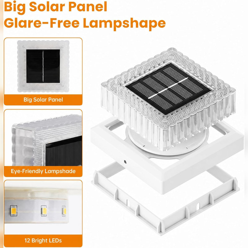 Capuchon de clôture solaire blanc avec DEL blanc chaud pour poteaux 3,5 x 3,5 et 4 x 4, Paquet de 2