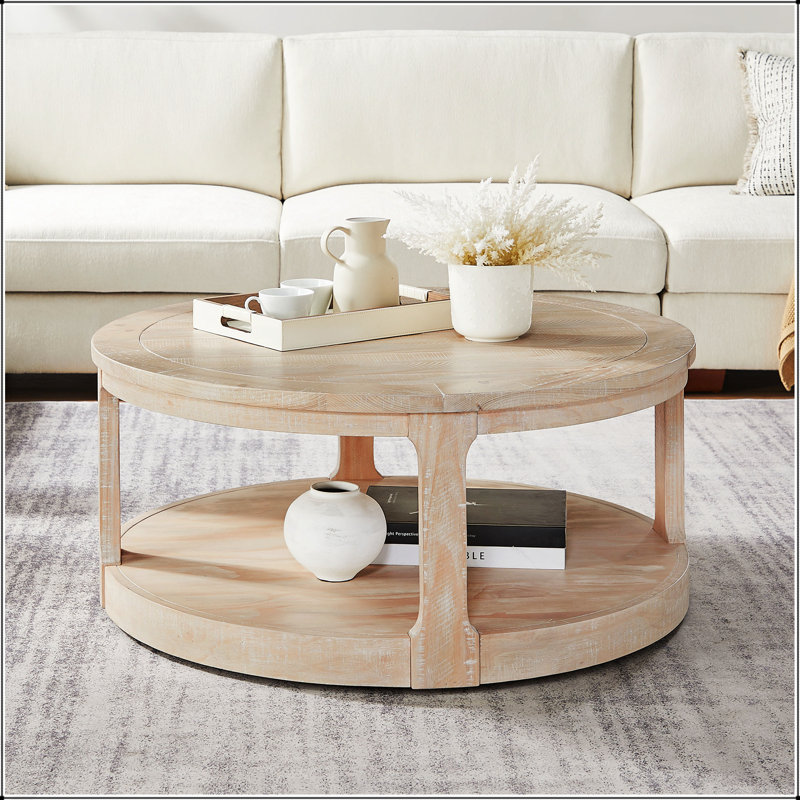 Grande table basse ronde ronde en bois de 40 pouces à 2 niveaux avec roulettes, style rustique Mid-Century pour le salon et le bureau