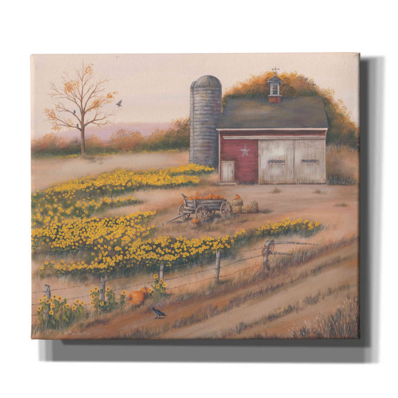 «Barn and Sunflowers I» par Pam Britton, reproduction d'art sur toile tendue, H 26 po x l 30 po x P 1,5 po