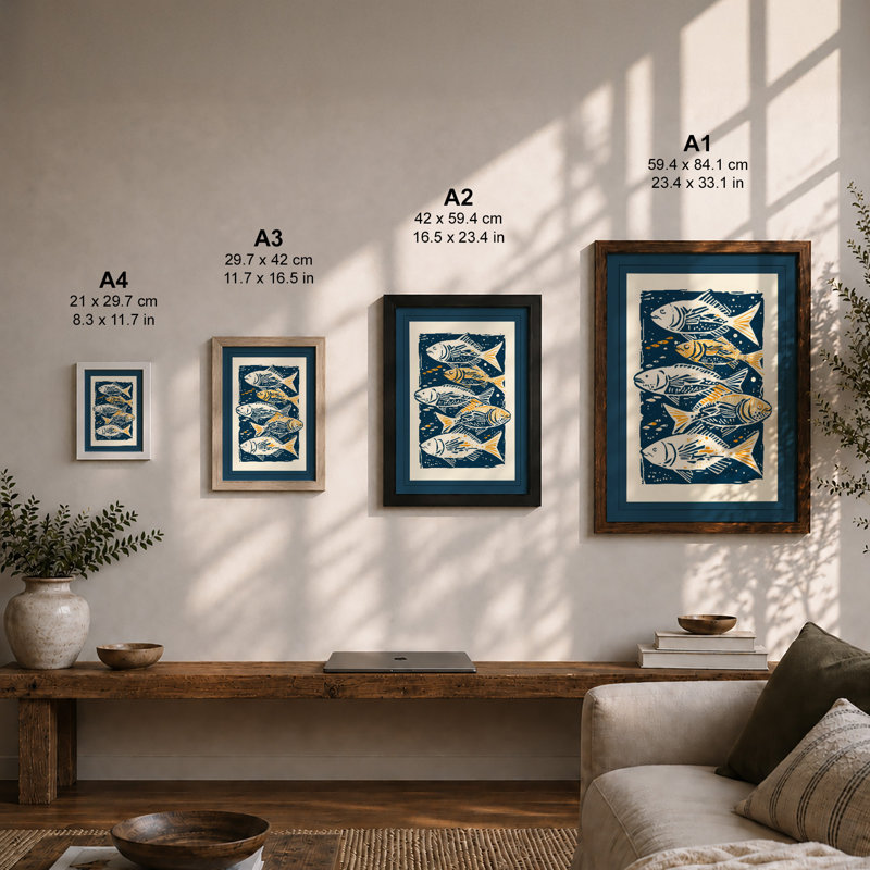 Five Fishes Rising Coastal - Framed Print, A1 - 84.1 x 59.4 cm, Walnut