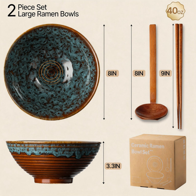 Ensemble de 2 bols 8 oz 40 oz Ramen japonais, vaisselle profonde en céramique avec vaisselle