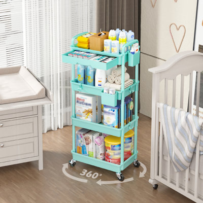 4 Tier Rolling Utility Cart with Drawer, Utility Storage Organizer with Plastic Shelf & Lockable Wheels Multifunctional Storage Cart by SUNALLY