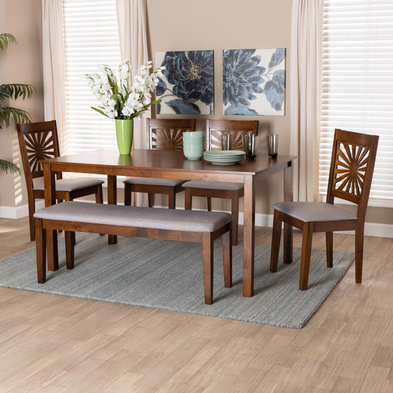 6 - Person Four Leg Dining Set,  Walnut Brown, Walnut Brown/Gray