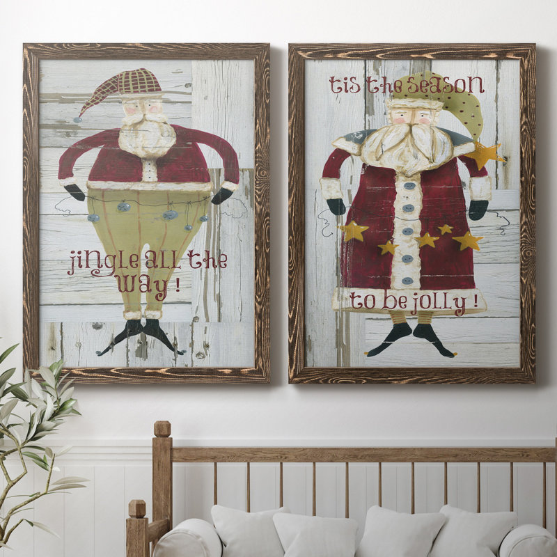 Jingle Santa - ensemble de 2 reproductions, H 44 po x l 31 po x P 1 po, Toile avec cadre en noyer, Pas de tapis