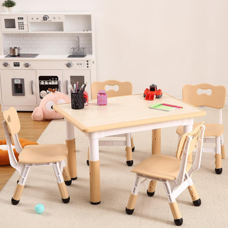 Ensemble de table pour enfants et 4 chaises, table pour tout-petits à hauteur réglable avec bureau Graffiti, Beige