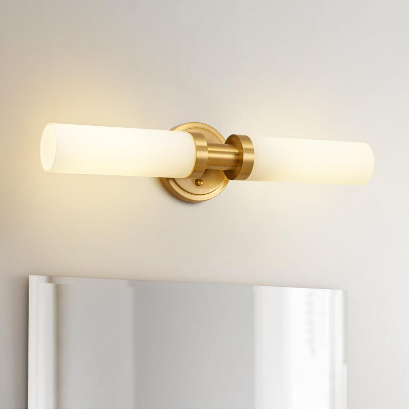 Gold Bathroom Dimmable Light Fixtures Modern Vanity Lights W/White Glass Shade, 2-Light Sconces Wall Lighting for Mirror Kitchen Bedroom Hallway, Brushed Brass Gold Wall Decor Wall Mount Lamp
