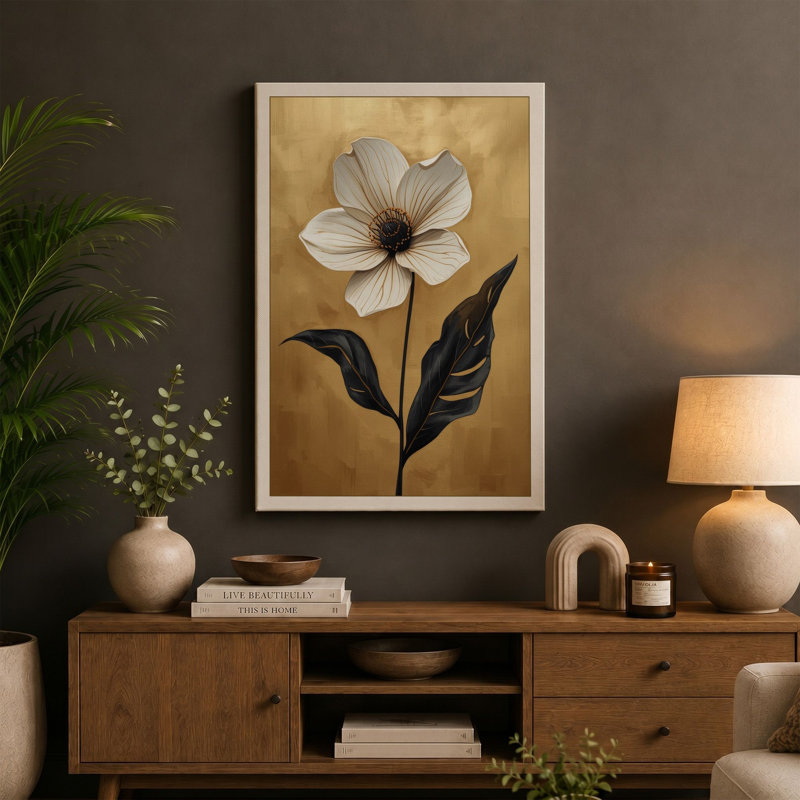 Single Stem in Light Botanical - Wrapped Canvas, 18x12 - 45.7 x 30.5 cm, Ochre Border