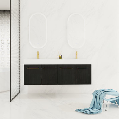 60 Inch Wall-Mounted Bathroom Vanity With Sink, Thick Edged Double Resin Sink