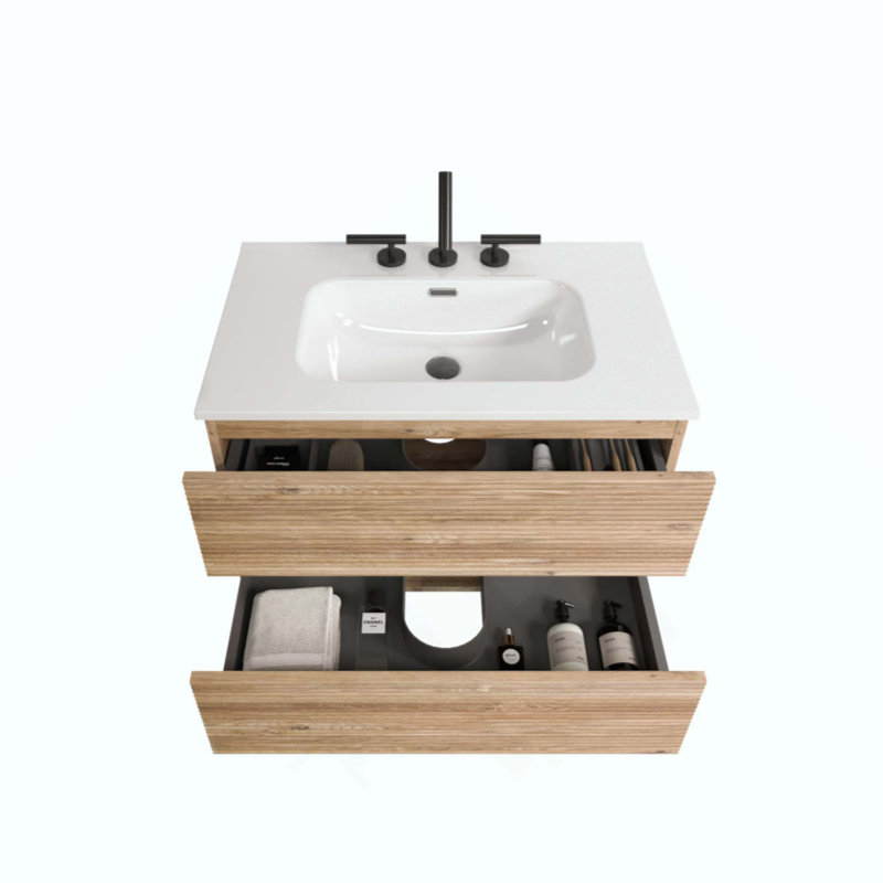 Meuble-lavabo mural en chêne brut et chêne brut avec lavabo en céramique intégré avec trop-plein, avec 3 trous, grand meuble-lavabo flottant pour salle de bain moderne