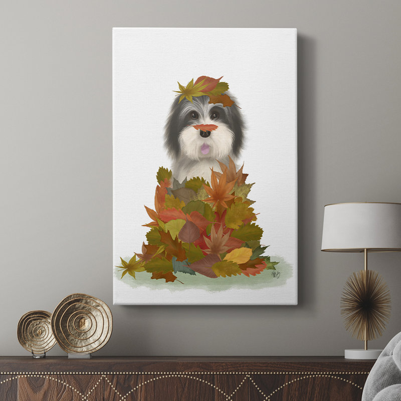 Landed in Autumn, chien noir et blanc - galerie Cavas sur mesure, H 18 po x l 12 po