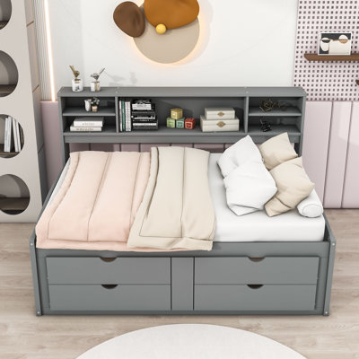 Wood Full Daybed with Cabinets, Shelves and Drawers