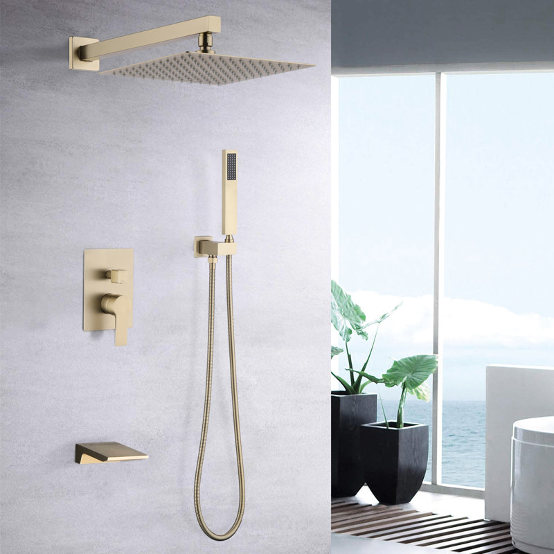 Douche de 10 pouces, système de pluie, fixation murale, disque en céramique, pluie équilibrée, fermoir à pluie en or brossé,