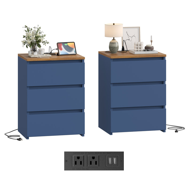 3-Drawer Nightstands with Outlets and USB Ports, 2 Pcs, Blue