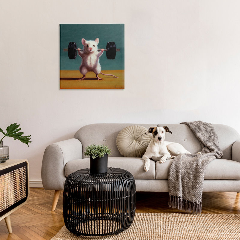 «Poids soulevant la souris» par Lucia Heffernan sur toile, H 30 po x l 30 po