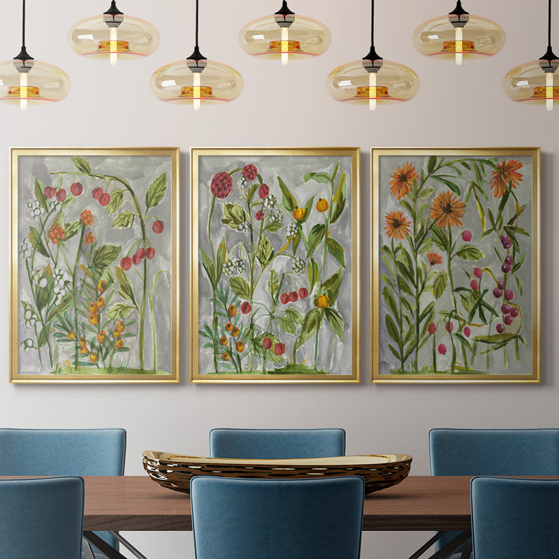 Dear Nature I - Toile tendue avec châssis sur mesure - 3 pièces, H 19 po x l 45 po, Doré