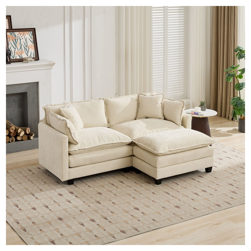 Canapé modulaire 2 places Cloud - Sans accoudoirs, tissu chenille beige, coussins en mousse mi-doux pour le salon
