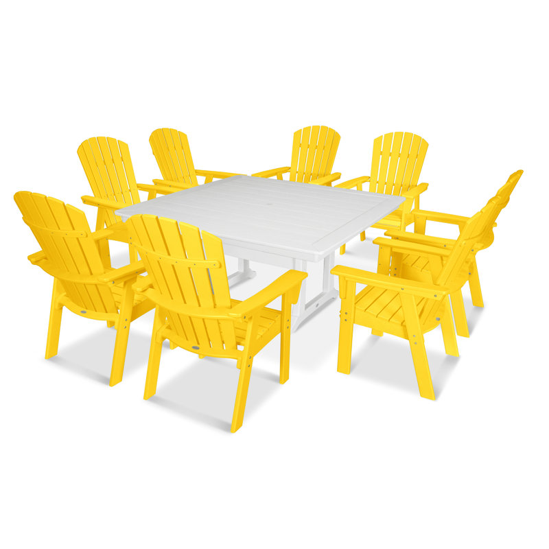 POLYWOOD Nautical Curveback Adirondack 7-Piece Dining Set with Trestle Legs, Lemon/White, 7 Pieces: Table, 6 Chairs